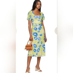 Ganni Mesh Blue Yellow Midi Dress Spring Abstract Floral